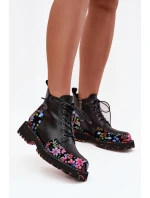Kožené dámské botky Artiker zateplené – černé s květinovou výšivkou