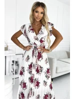 434-8 LISA Plisované midi šaty s výstřihem a volánky - ecru + vínové květy