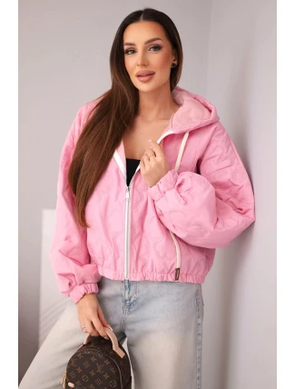Dámská prošívaná bunda s kapucí a ozdobným květinovým ražením světle růžová