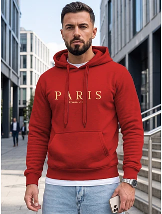 Pánská mikina s kapucí a potiskem PARIS, červená, FashionStreet NX5147BX