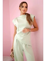 Komplet asymetrická halenka + kalhoty světle mátová