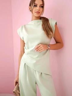 Komplet asymetrická halenka + kalhoty světle mátová