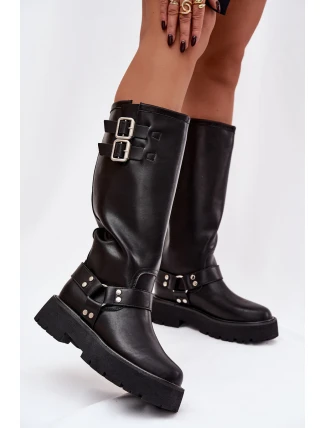 Kožené dámské kozačky s přezkami zateplené Big Star OO274A180 černé Kožené dámské kozačky s přezkami zateplené Big Star OO274A180 černé