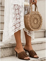 Dámské semišové žabky s třásněmi na podpatku hnědé FashionStreet ZY1382