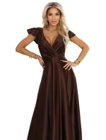 411-15 CRYSTAL saténové dlouhé šaty s výstřihem - čokoládové