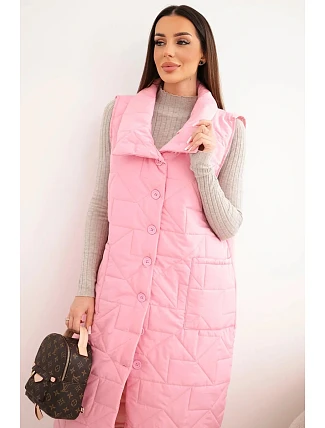 Dámská dlouhá prošívaná vesta s kapsami a stojáčkem světle růžová