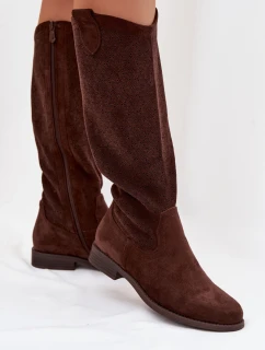 Dámské kozačky s krajkovým vzorem na nízkém podpatku S.Barski HY61-8022 Čokoládové