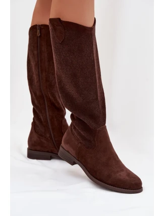 Dámské kozačky s krajkovým vzorem na nízkém podpatku S.Barski HY61-8022 Čokoládové