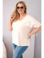Dámská bavlněná halenka Plus size s výstřihem do V a třásněmi na zádech béžová