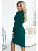 290-3 Asymetrické šaty s dlouhými rukávy, výstřihem a řasením - ZELENÉ 290-3 Asymetrické šaty s dlouhými rukávy, výstřihem a řasením - ZELENÉ