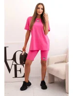 Dámský bavlněný komplet s krátkým rukávem a šortkami růžový