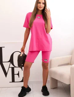 Dámský bavlněný komplet s krátkým rukávem a šortkami růžový