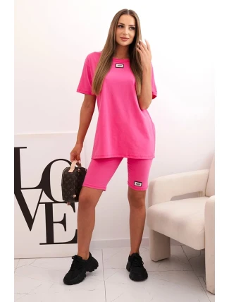 Dámský bavlněný komplet s krátkým rukávem a šortkami růžový