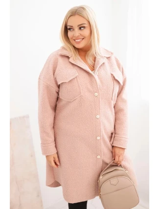 Dámský plášť Plus Size s vlnou na knoflíky s kapsami a límcem pudrově růžový