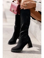Zdobené dámské kozačky nad kolena zateplené na podpatku černé MR880-158
