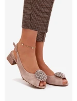 Kožené dámské sandály na podpatku s ozdobou D&A CR61-3030 béžové