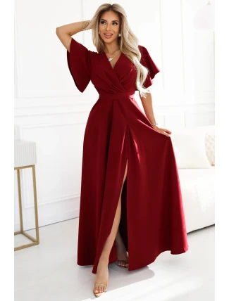 581-2 Dlouhé šaty JENNIFER s rozparkem na nohou, rukávy a výstřihem - BRONZOVÉ