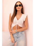 Dámská pruhovaná blůza s nařasením a volánky pudrově růžová Dámská pruhovaná blůza s nařasením a volánky pudrově růžová