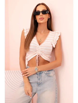 Dámská pruhovaná blůza s nařasením a volánky pudrově růžová Dámská pruhovaná blůza s nařasením a volánky pudrově růžová