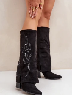 Zdobené kozačky s ohrnutým svrškem na podpatku černé Ivilta