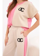 Dámský máslový komplet s oversize mikinou a širokými kalhotami růžová + béžová