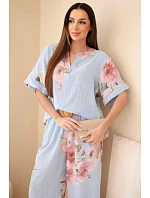 Dámský bavlněný komplet s krátkým rukávem a širokými nohavicemi modrý Dámský bavlněný komplet s krátkým rukávem a širokými nohavicemi modrý