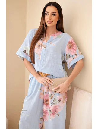 Dámský bavlněný komplet s krátkým rukávem a širokými nohavicemi modrý Dámský bavlněný komplet s krátkým rukávem a širokými nohavicemi modrý