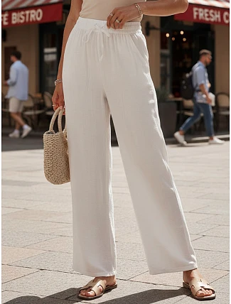 Dámské bílé kalhoty s širokými nohavicemi FashionStreet UY3076 Dámské bílé kalhoty s širokými nohavicemi FashionStreet UY3076