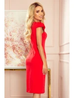Červené dámské šaty v délce midi s pěkným výstřihem 318-1 Červené dámské šaty v délce midi s pěkným výstřihem 318-1