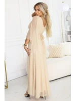 655-4 Dlouhé lehké třpytivé šaty s výstřihem a průhlednými rukávy - šampaňsko-béžová barva