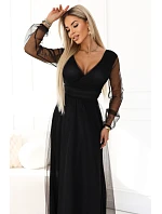 664-3 Dlouhé maxi šaty s tylovými rukávy a obálkovým výstřihem - černé