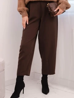 Dámské kalhoty s vysokým páskem a záhyby hnědé