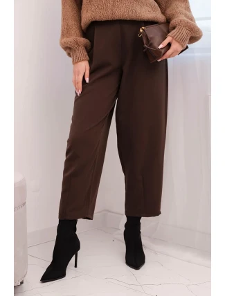 Dámské kalhoty s vysokým páskem a záhyby hnědé