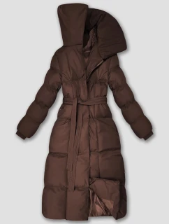 Dlouhá dámská zimní bunda v čokoládové barvě s páskem (5M3327-158)