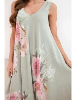 Dámské bavlněné oversize šaty s výstřihem do V a květinovým potiskem khaki