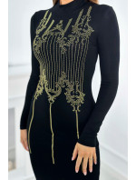Pletené šaty se zlatým vzorem kubických zirkonů černé barvy