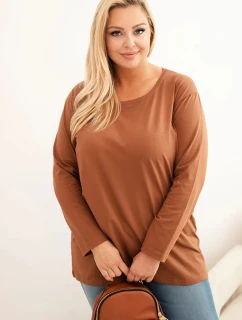 Dámská blůza Plus Size bavlněná s kulatým výstřihem camelová