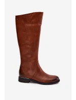 Kožené dámské kozačky na nízkém podpatku zateplené Zazoo 70150 hnědé