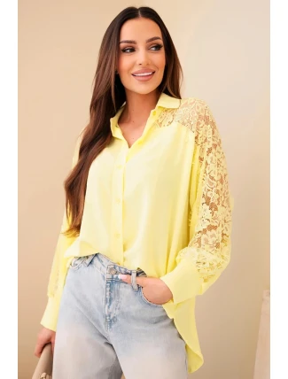 Dámská viskózová košile s krajkovými rukávy a límečkem žlutá