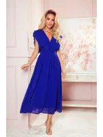 YANA - Dámské midi šaty v chrpové barvě s plisovanými volánky a výstřihem 367-2