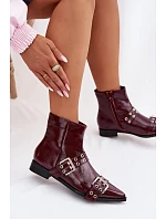 Lakované dámské kotníkové boty na plochém podpatku s pásky a přezkami Bordó Hamira