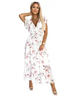 434-4 LISA Plisované midi šaty s výstřihem a volánky - broskvový květ na bílém pozadí