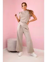 Komplet asymetrická halenka + kalhoty tmavě béžová
