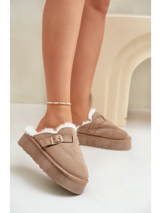 Dámské pantofle na silné podrážce s kožíškem a sponou tmavě béžové Linneola Dámské pantofle na silné podrážce s kožíškem a sponou tmavě béžové Linneola