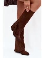 Dámské nazouvací kovbojky Zalia na sloupkovém podpatku s třásněmi – hnědé