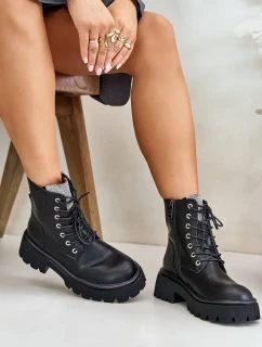 Zateplené Kožené Kotníkové Boty Workery Dámské S Křišťály GOE Černé