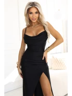 638-1 Dlouhé korzetové saténové šaty s rozparkem na nohou - černé