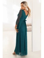 655-2 Dlouhé lehké třpytivé šaty s výstřihem a průhlednými rukávy - smaragdově zelené 655-2 Dlouhé lehké třpytivé šaty s výstřihem a průhlednými rukávy - smaragdově zelené