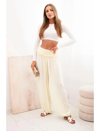 Dámské viskózové kalhoty s širokými nohavicemi a volánky žlutý Dámské viskózové kalhoty s širokými nohavicemi a volánky žlutý