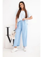 Dámská souprava viskózová s pruhovanou blůzou a širokými kalhotami s gumou modrý